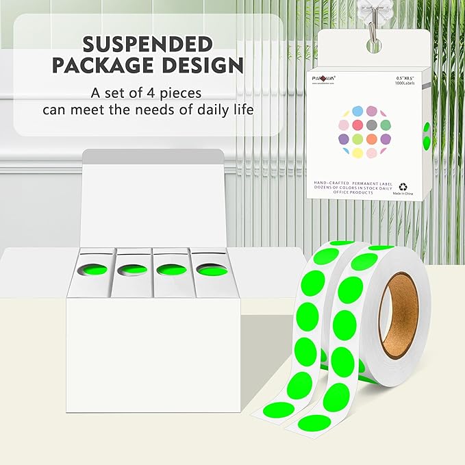 PARLAIM 4000 Pack Fluorescent Green Dot Stickers, 1/2 inch Round Circle Label 4 Rolls Permanent Adhesive Color-Code Sticker Labels in Dispenser Box