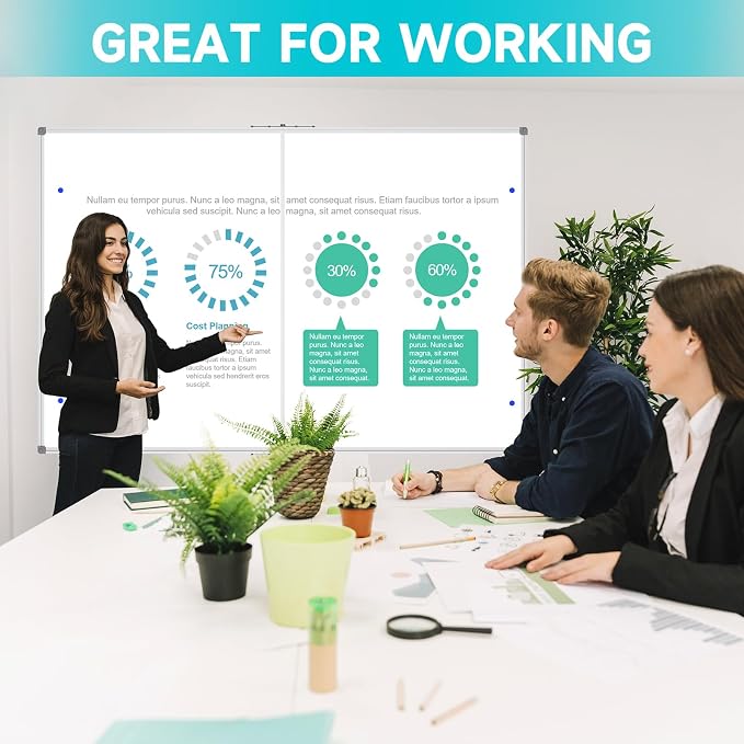 Large Foldable White Board 60 x 48 Inches, Dry Erase Magnetic White Board, Silver Aluminum Frame with 2 Detachable Marker Tray Wall Mounted Board for Office Home and School