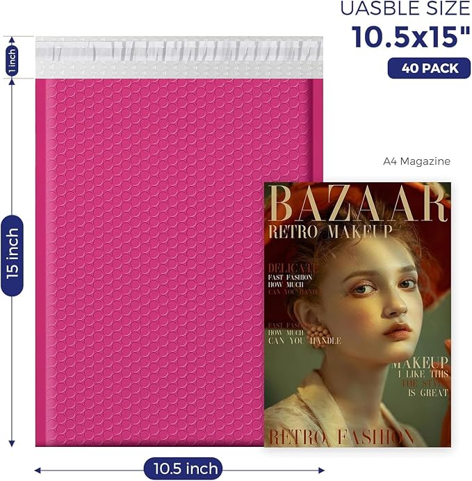 Fuxury Large Bubble Mailers 10.5x16" 40Pack Self Seal Pink Padded Envelopes | Usable Size 10.5x15" Waterproof Mailing Envelopes Bubble Padded Mailers for Clothing,books,Packaging,Small Business #5