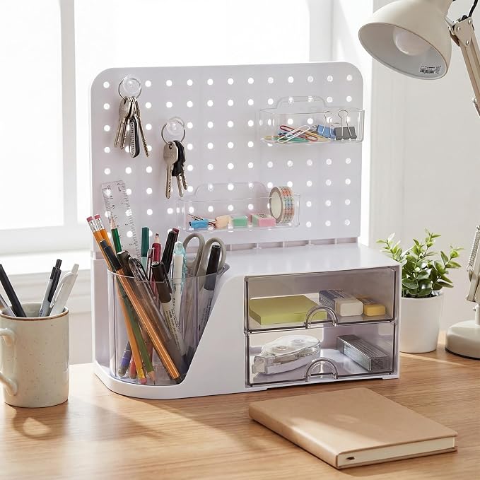 Novabright Desk Organizer with Drawers, Rotating Pen Holder with 5 Slots & Pegboard, Back to School & First Day of School Gifts, Multifunctional Desktop Storage for Desk Home Office Supplies(White)