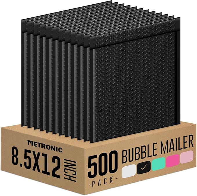 Metronic Bubble Mailers 8.5x12 500 Pack Black Waterproof Thick Padded Envelopes Usable Size 8.5x11 Mailing Envelopes Bubble Padded for Packaging, Makeup, Gift, Mailing, Shipping, Small Items Supplies