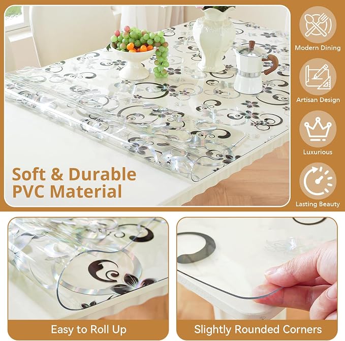 LovePads Floral Table Cover Protector 24 x 48 Inch, 1.5mm Thick Plastic Mat | Non-slip Waterproof PVC Table Protector, Cut to Size, Spill-Stain-Scratch Proof, Fits Kitchen, Dining Table, Dresser, Desk