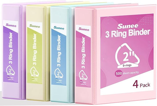 SUNEE 3 Ring Binder 2 Inch, Clear View Binder Three Ring PVC-Free (Fit 8.5x11 Inches) for School or Office Supplies, Assorted Pastel, 4 Pack
