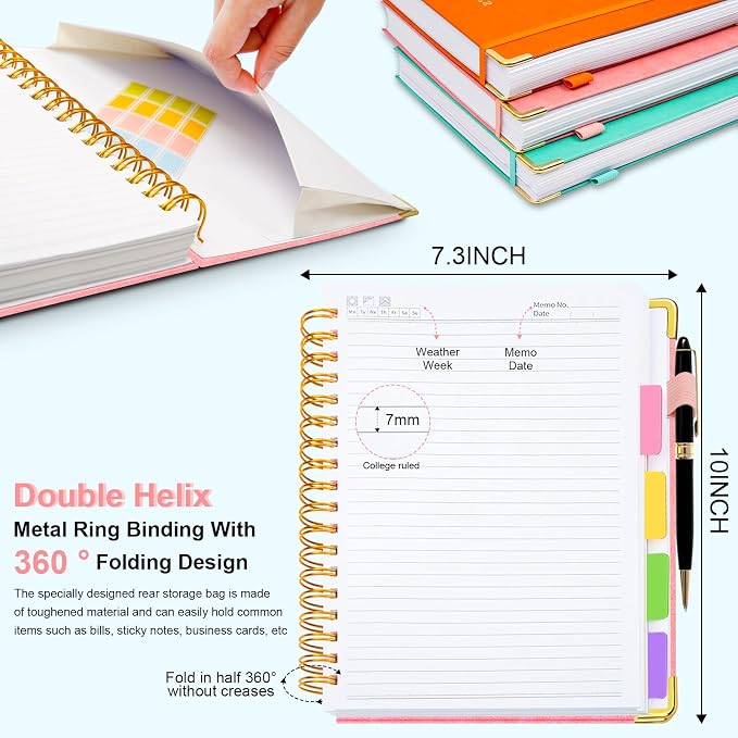 Hardcover Spiral Notebook 8"x10" Journal Notebook with Tabs and Removable Dividers 300 Pages 5 Subject Notebook College Ruled, Faux Leather Spiral Bound Notebook for Women School Work (Pink)
