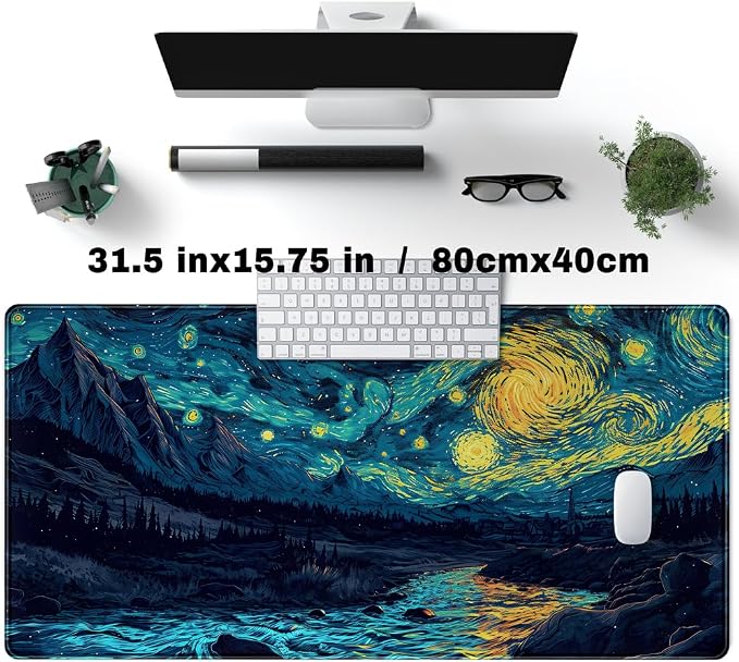 Misty Forest Desk Pad Mat Vincent Van Gogh XL Mouse Pad Gaming Playmat Large Mousepad XXL Desk Laptop Pad Equipped with Waterproof Storage Bag Non-Slip Stitched Edges (31.5x15.7 in)