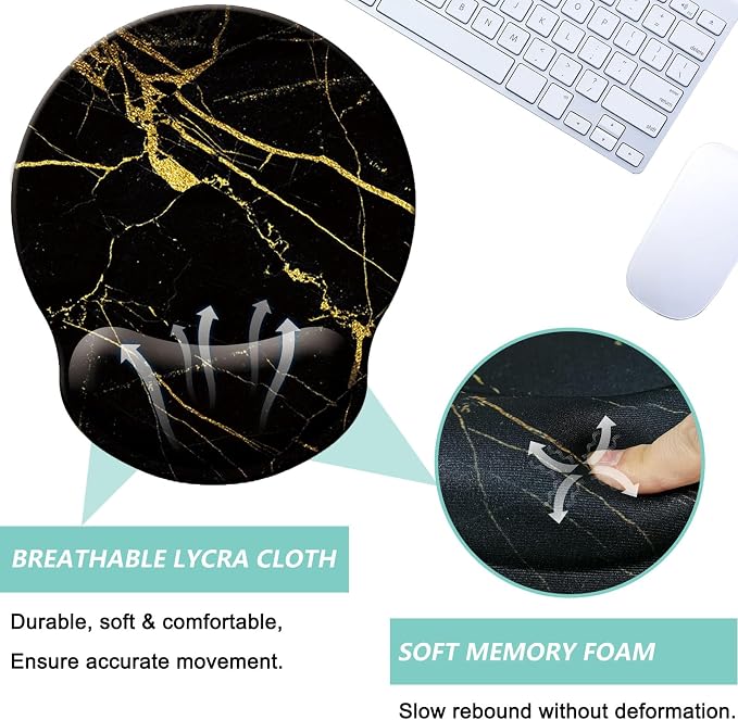 Mouse Pad with Wrist Support, Ergonomic Mouse Pad with Memory Foam Wrist Rest Cushion, Non-Slip Rubber Base Gaming Mice Pad for Home Office Computer Laptop, Black Golden Marble