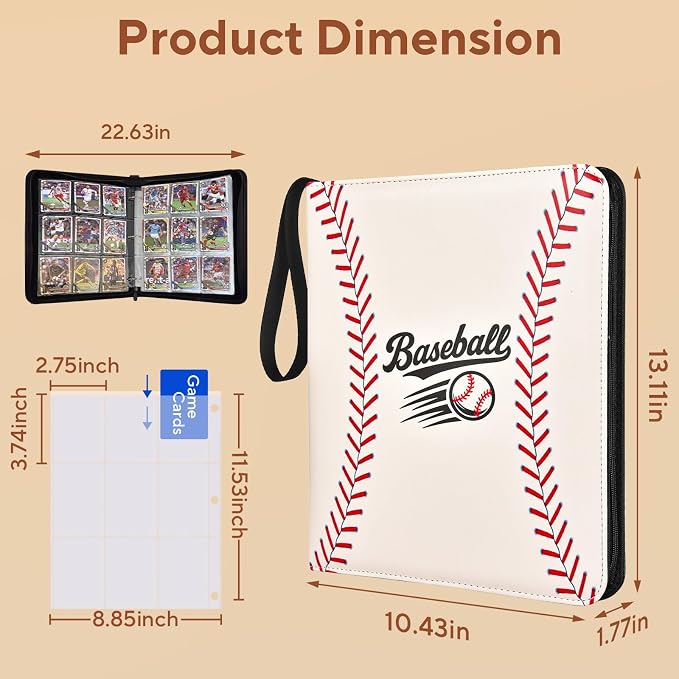 Baseball Card Binder 9 Pocket, 1080 Pockets Trading Card Binder with Zipper, Portable Collector Card Album Storage Organizer for Sports Cards, Game Cards, Gifts for Kids