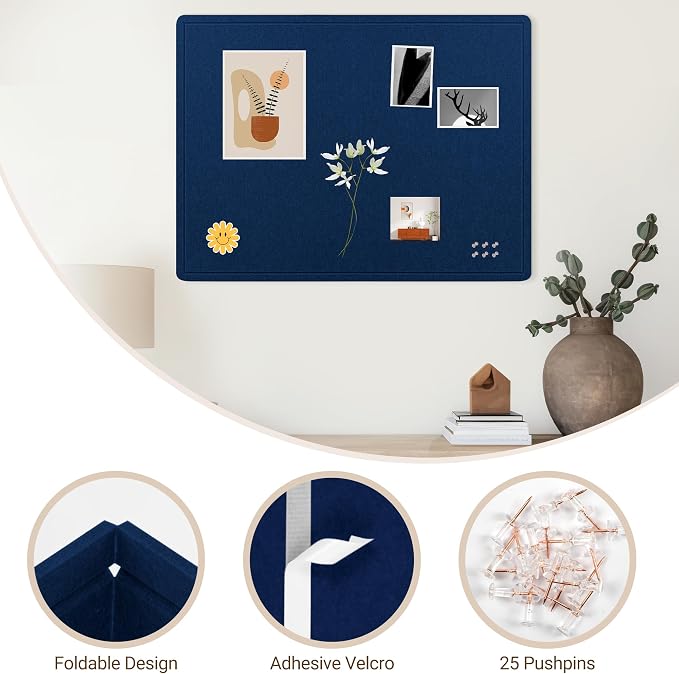 AKTOP Foldable Felt Bulletin Board for Wall, 48x36 inches, Blue | Large Cork Board Alternative with 25 Pushpins, Decorative Photo Display Board Pin Board 4x3, For Home, Office & School