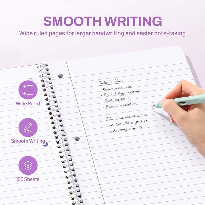 SUNEE Spiral Notebook, 1-Subject, Wide Ruled Paper, 8" x 10-1/2", 100 Sheets per Notebook, 3-Hole Punched Paper, Water Resistant Cover, Double-sided Pockets, Spiral Lined Notebooks for School, Purple