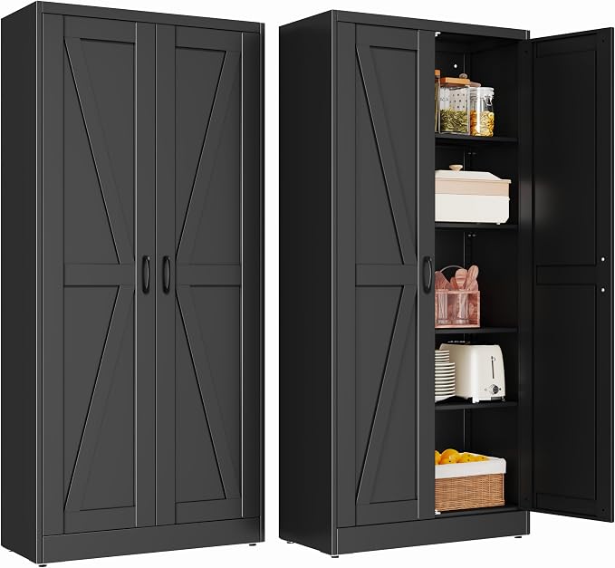 PAOFIN 71" Black Metal Storage Pantry Cabinet | Tall Kitchen Pantry Storage Cabinets with 2 Doors and 4 Adjustable Shelves, Cupboard for Home,Kitchen,Dining/Living Room
