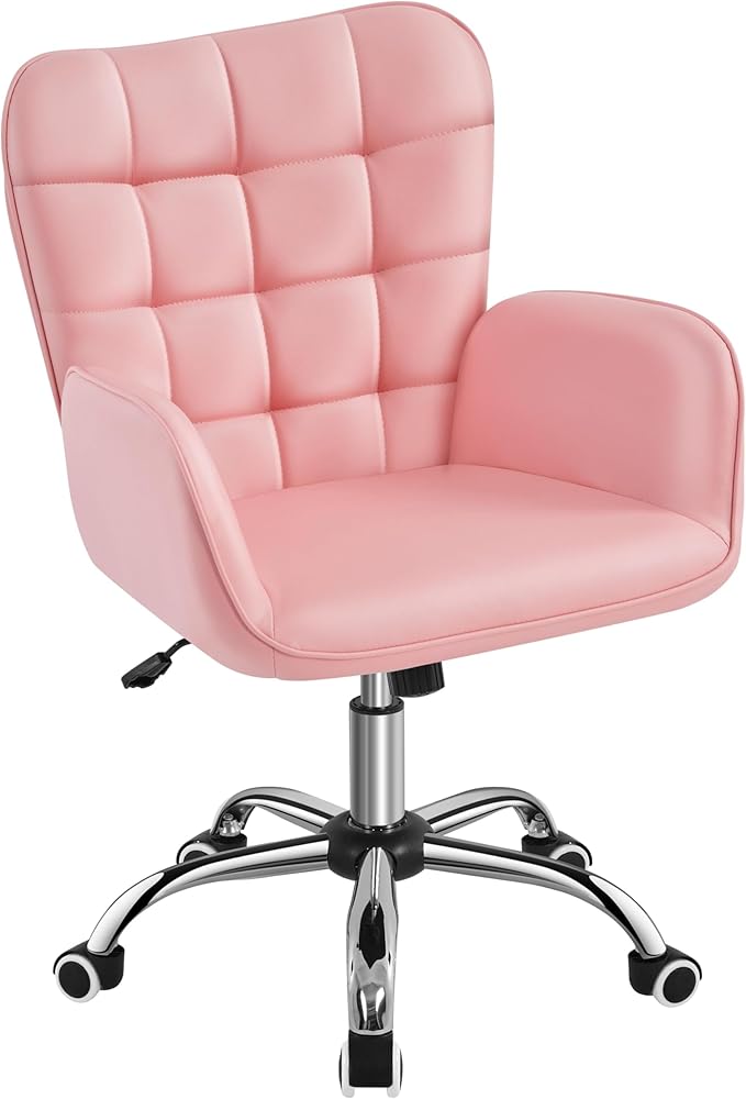 Yaheetech Modern Faux Leather Office Chair Ergonomic Adjustable Vanity Makeup Chair with Padded Armrests Big Seat for Office, Study, Home, Pink