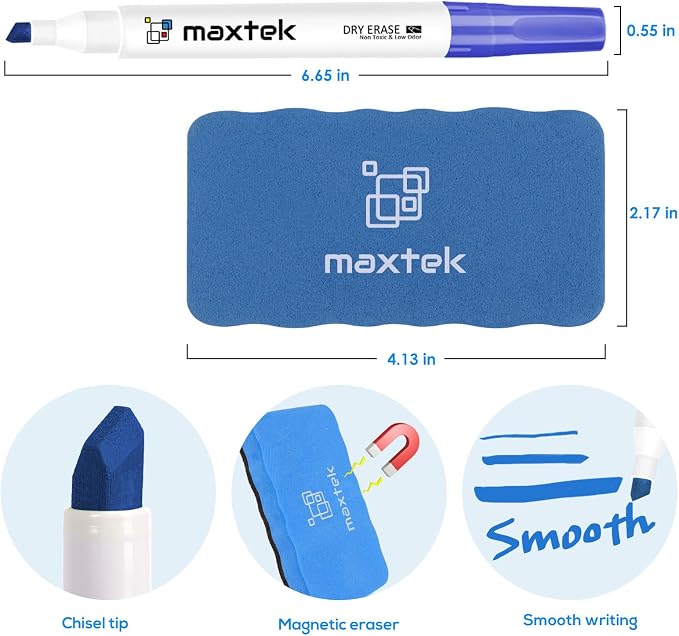 maxtek Low Odor Dry Erase Markers Chisel Tip, 12 Count | Whiteboard Markers Set, 1 Magnetic Eraser