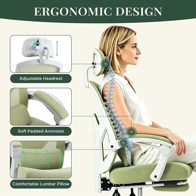 Ergonomic Office Chair with Footrest, Computer Gaming Chair | Adjustable Headrest, Lumbar Support, Swivel Reclining, Padded Armrest, Mesh High Back, Home Desk Work Study, Green