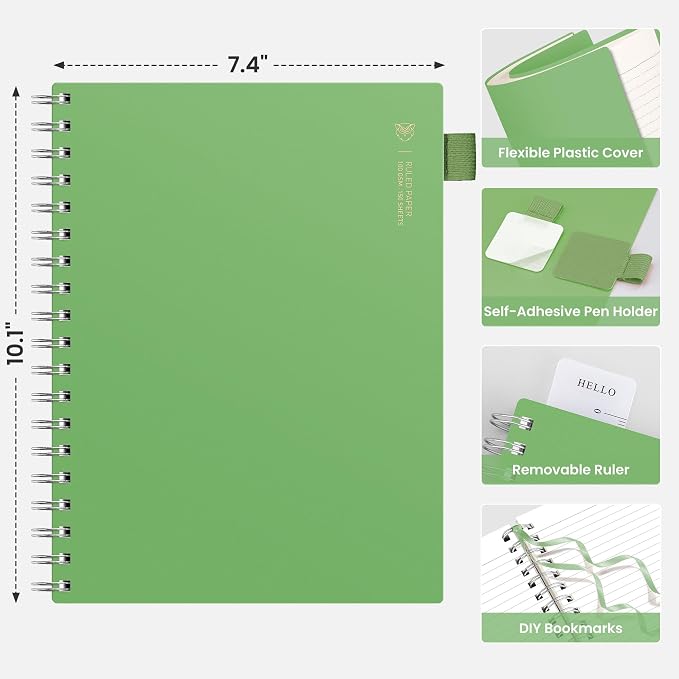 EMSHOI Lined Spiral Journal Notebook, 300 Pages, B5 Size (7.4'' x 10.1'') | College Ruled, 100 GSM Thick Paper, Flexible Plastic Cover, for School, Writing, Work, Office & Journaling (Green)