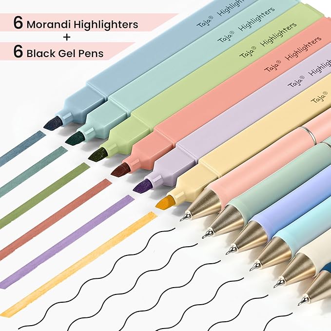 Taja 24 Pack Aesthetic Highlighters and Gel Pens Set, 12 No-Bleed Pastel Highlighters and 12 Black Ink Pens for Bible Study, Journaling, School and Office Supplies