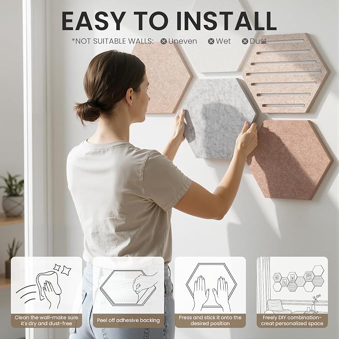 Hexagon Cork Bulletin Board Tiles, 10 Pack Felt Board with 25 Push Pins, Photo Display Board for Office & Home Classroom Wall Decor, 11.8x10.2 Inches