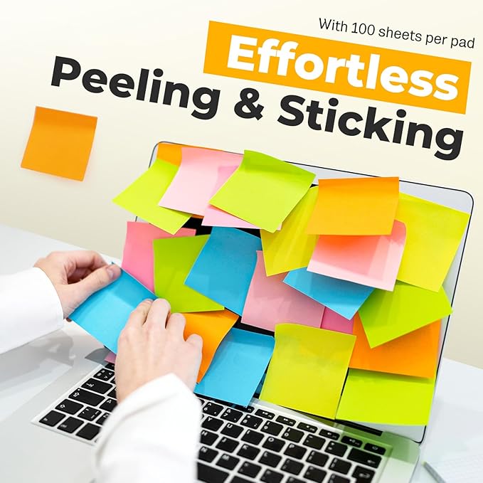 Sticky Notes 3x3 Inches, Bright Colors Self-Stick Pads, Easy to Post for Home, Office, Notebook,100 Sheets/pad (8 Pads)