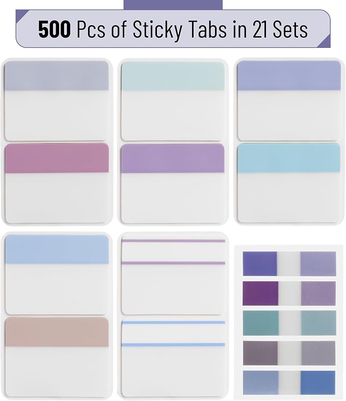 Mr. Pen- Sticky Index Tabs, 500 Pcs, 21 Sets, Morandi | Writable Colored Pages Markers Labels for Reading Notes, Books, Binders, Notebook, Folders and Classify Files