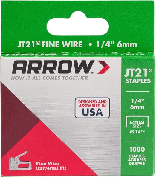 Arrow 214 JT21 Thin Wire Staples for Staple Guns and Staplers, Use for Upholstery, Crafts, General Repairs, 1/4-Inch Leg Length, 7/16-Inch Crown Width, 1000-Pack, Grey | 1/4" Leg Length, 7/16" Crown Width, Heavy-Duty Galvanized Steel, Use for Upholster...