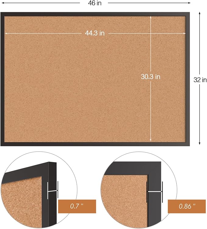 Cork Board Bulletin Board 48 x 36, Black Wood Framed Corkboard, Office Board for Wall, Large Notice Pin Board