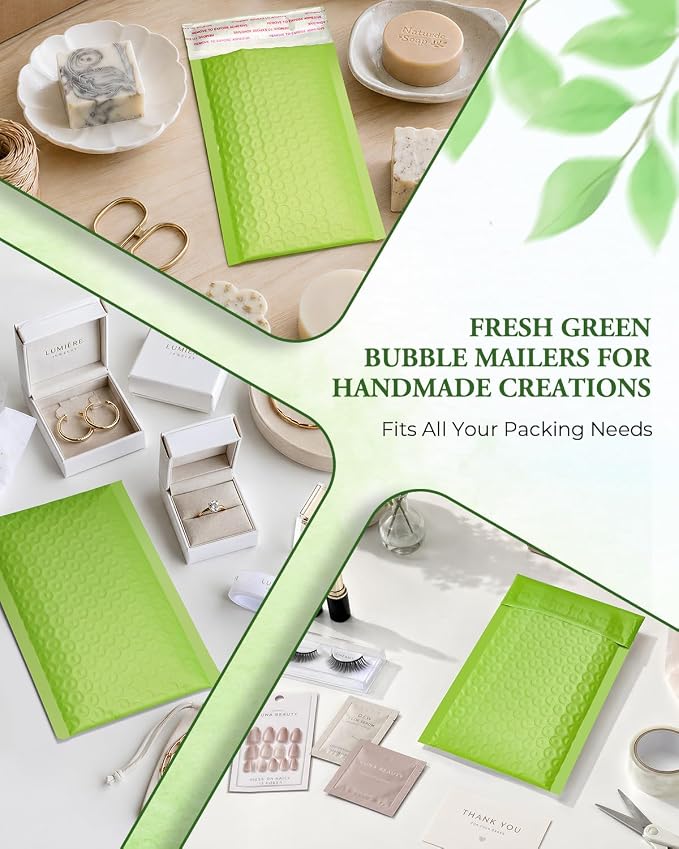 GSSUSA Green Bubble Mailers 4x8 100 Pack, Self Seal Padded Envelopes | Usable Size 4x7, Waterproof, Opaque, #000, Bulk Mailing Bags For Cards, Jewelry, Gifts, Accessories, Online Sellers