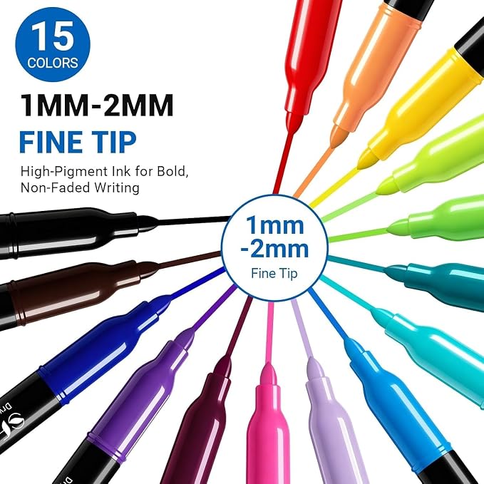 SFAIH Fine Tip Dry Erase Markers, 15 Colors, 15 Pack, 1-2mm Line, Low Odor | Easily Erases, Non-Toxic Ink, Perfect for Whiteboards, Ideal for Office Teams, Study Groups, Homeschooling, Kids & Paper Art