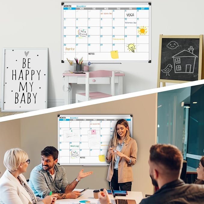 XBoard Magnetic Calendar Whiteboard 48" x 36", Monthly Calendar Dry Erase Board, Silver Aluminium Framed Planning Board for Home Office School