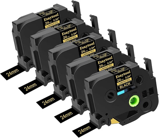 5 Pack Compatible with P-Touch TZe-354 AZE-354 TZ-354 Gold on Black 24mm 0.94'' Laminated Label Tape Replacement for Ptouch PT-D600 PT-E500 PT-H500 PT-P710BT PT-1400 PT-9200DX Label Maker