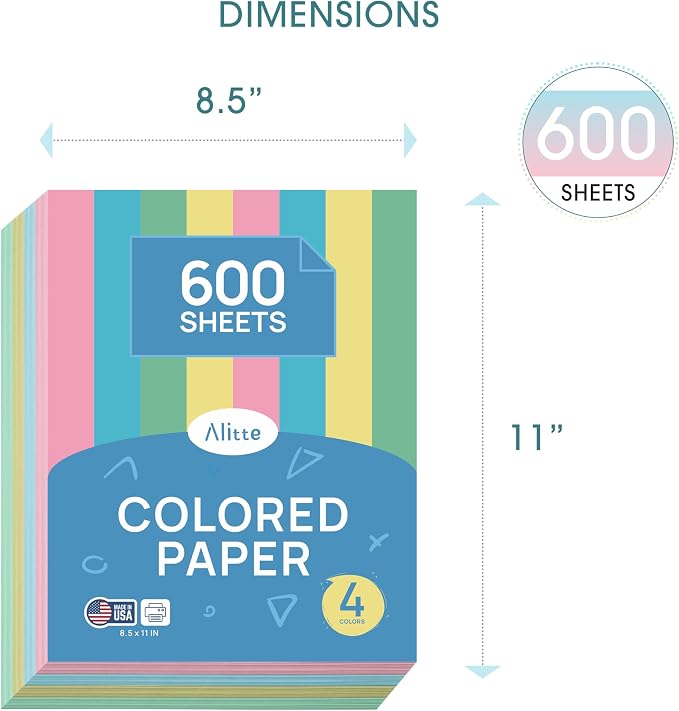 Alitte Colored Paper 8.5 x 11 - Copy Paper, 600-Pack Letter Size for Printer, Arts & Crafts, DIY Projects - Pink, Green, Blue, Yellow - School & Office Supplies - 150 Sheets Per Color