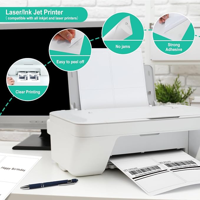 L LIKED 4"x5" Matte White Printable Address Stickers 120 Labels 30 Sheets | Self-adhesive, permanent adhesive, laser/inkjet compatible, 4 per sheet, for shipping & organizing