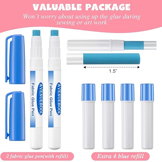 2 Fabric Glue Pen with 4 Refill, Washable Temporary Fabric Sewing Adhesive, Temporary Blue Glue Stick for English Paper, Quilting, Piecing Patchwork Sewing