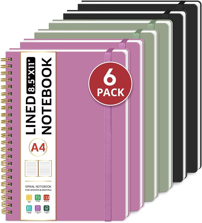Taja Large Spiral Lined Notebook for Work, A4 Journal for Women & Men | Multi 8.5" x 11" Notebooks for Note taking, Writing & Journaling, College Ruled Pages, Plastic Cover, 6Pack