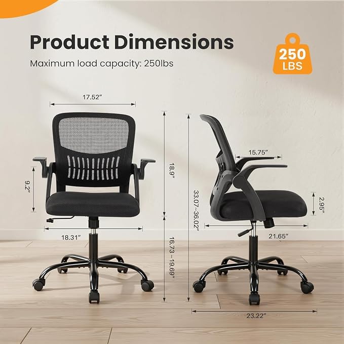 Sweetcrispy Computer Desk Chair, Home Office Chair, Lumbar Support, Black | Flip Up Armrest, Adjustable Height, 360° Swivel Wheels, Ergonomic Mesh Mid-Back, Comfy Arms Bedroom Study