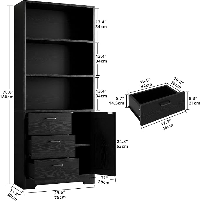 IRONCK 71 in Bookshelf with Doors and Drawers, Industrial Tall Bookcase | Engineered wood with 3-tier shelves, 3 drawers, enclosed storage, anti-tip hardware, 132 lb maximum capacity, for home office