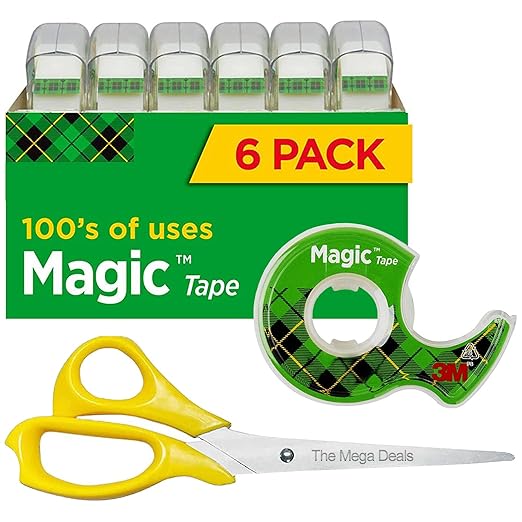 Magic Tape 6 Packs Clear Tape, Magic Tape with Dispensers, Invisible Tape 1/2 x 450 Inches, and a 8 Inch All Purpose Scissors (Gift Pack)