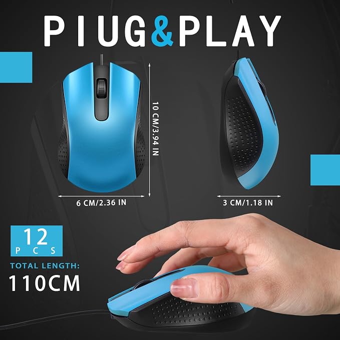 Hoteam 12 Pcs Wired Mouse Bulk, USB Ergonomic Computer Mice,Light Blue | Plug Play USB Cord, Textured Grip for Office Gaming, Desktop Laptop Compatible, Bulk Office School Business Supply