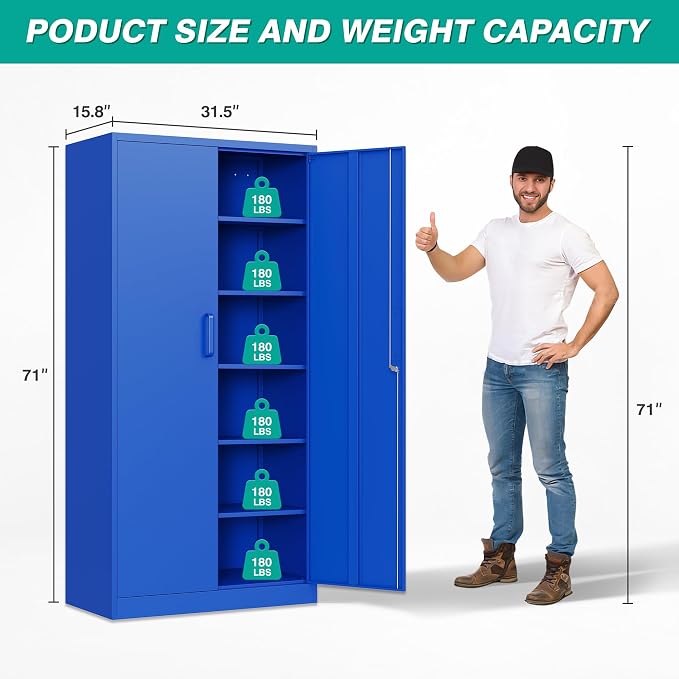 Blue Metal Storage Cabinet with 6 Shelves,71" Garage Storage Cabinet with Lock,6 Tier Steel Cabinets with Locking Doors,Lockable Cabinets for Home,Office,Shop,Garage