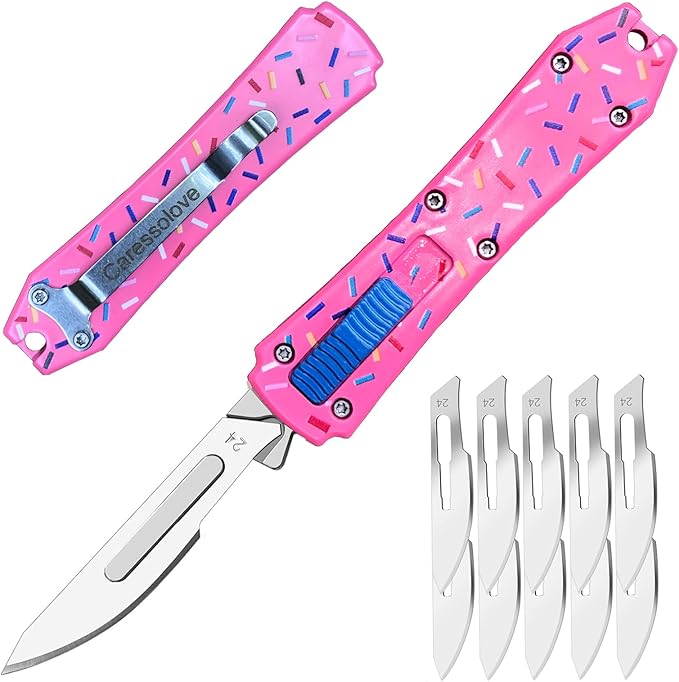 Pink Automatic Scalpel Knife, Mini Automatic Utility Knife, Auto Box Cutter Retractable, Push Button Razor Knives with 10PCS #24 Blades