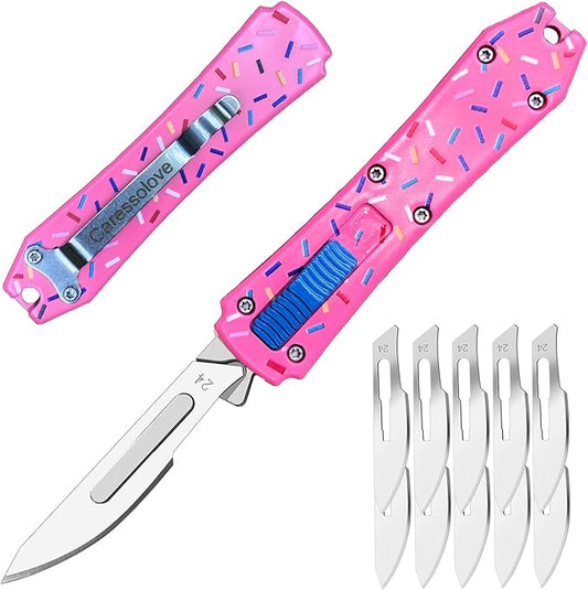 Pink Automatic Scalpel Knife, Mini Automatic Utility Knife, Auto Box Cutter Retractable, Push Button Razor Knives with 10PCS #24 Blades