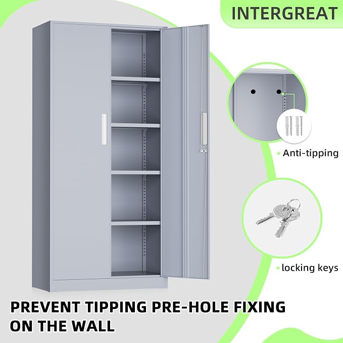 Metal Storage Cabinet, 72" Locking Steel Cabinets with 2 Door and 4 Adjustable Shelves, Tall Metal Cabinet for Home Office, Garage, Warehouse,(Cement)