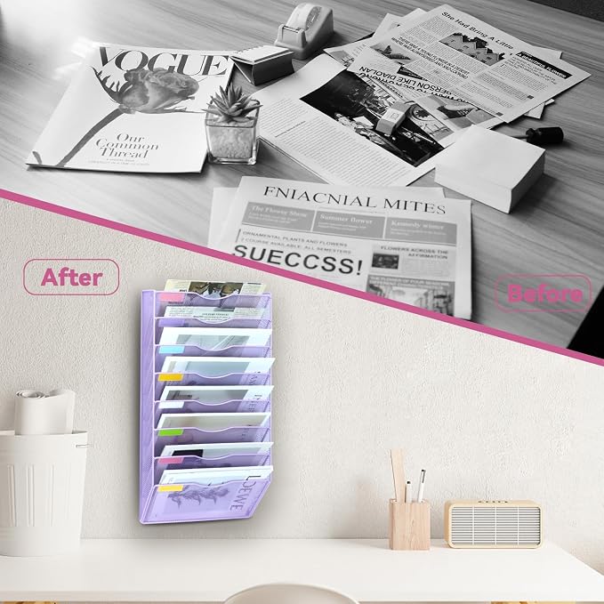 8 Pockets Mesh Wall File Holder Organizer Office Hanging File Folder Magazine Rack, Nametag Label Hooks Set Included (Purple)