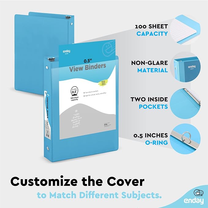 Enday 1/2 Inch Binder, Blue 3 Ring Binder, 0.5 Inch Heavy Duty Three Ring Binder, 100 Sheets Capacity - for Home School and Office