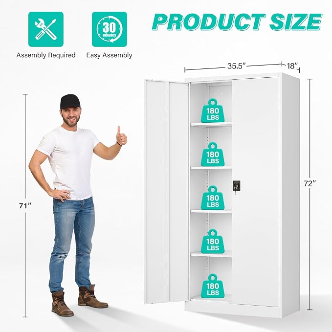 Wide & Deep Metal Storage Storage Cabinet with Adjustable Shelves,White Metal Cabinet with Lock,Steel Pantry Cabinets,72" Lockable Cabinets for Home,Office,Garage,Kitchen,Shop