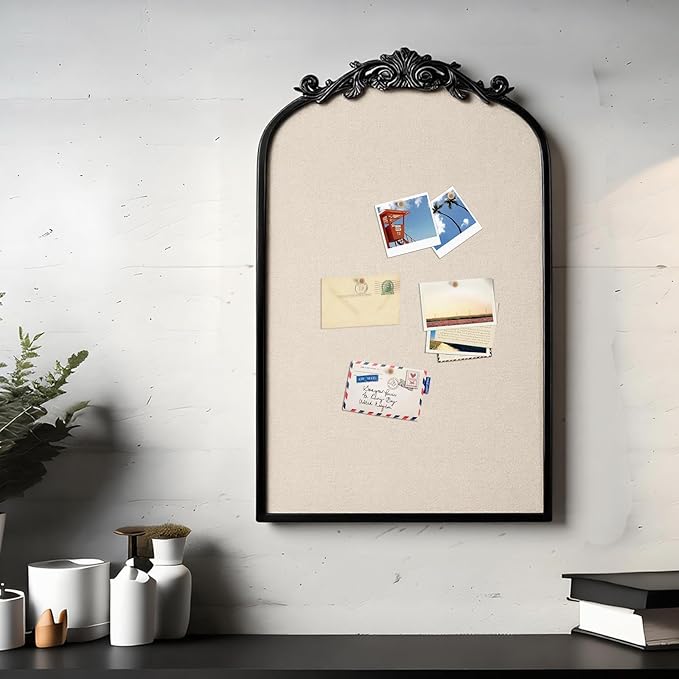 Vintage Framed Pin Board Linen Display Bulletin Board Large Ornate Fabric Picture Photo Pinboard Memo Decorative Prayer Pinboard Ornate for Wall Gift(Arch,19" X 31",Vintage Black)