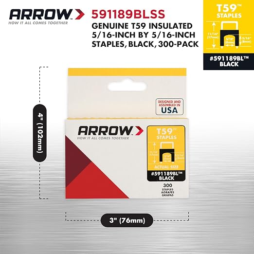Arrow 591189BLSS Genuine T59 Stainless Steel 5/16-Inch Leg Length by 5/16-Inch Crown Width Insulated Staples for Cable and Wiring, Black, 300 Count