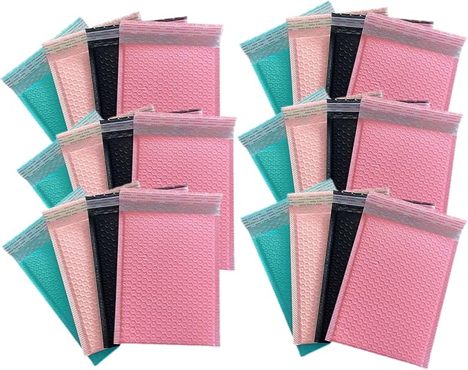Small Poly Bubble Lined Mailers Padded 24 Pack 5x7 Inches 4 Colors (Pink Green Black Light Pink) Shipping Envelopes Self Seal Mailer Waterproof, Shockproof and Dustproof (4 color - 5x7 Inches-24pcs)