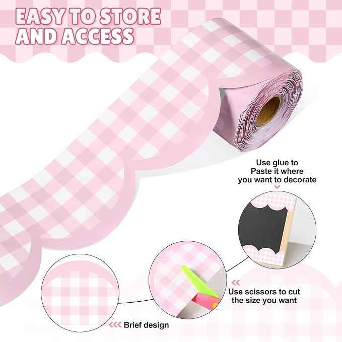 Zonon 65ft Pink Gingham Bulletin Board Border Pastel Scalloped Bulletin Board Trim Back to School Classrooms Decoration for Party Whiteboard, Walls, Desks, Windows, Doors, Lockers