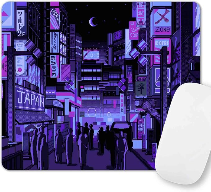 Purple Anime Mouse Pad, Retro Vaporwave Mousepad, Square Premium Texture Japanese Cute Mice Pad Design for Office Work Home, Small Mouse Mat for Computer Laptop, Neon Tokyo Street Pixel Art