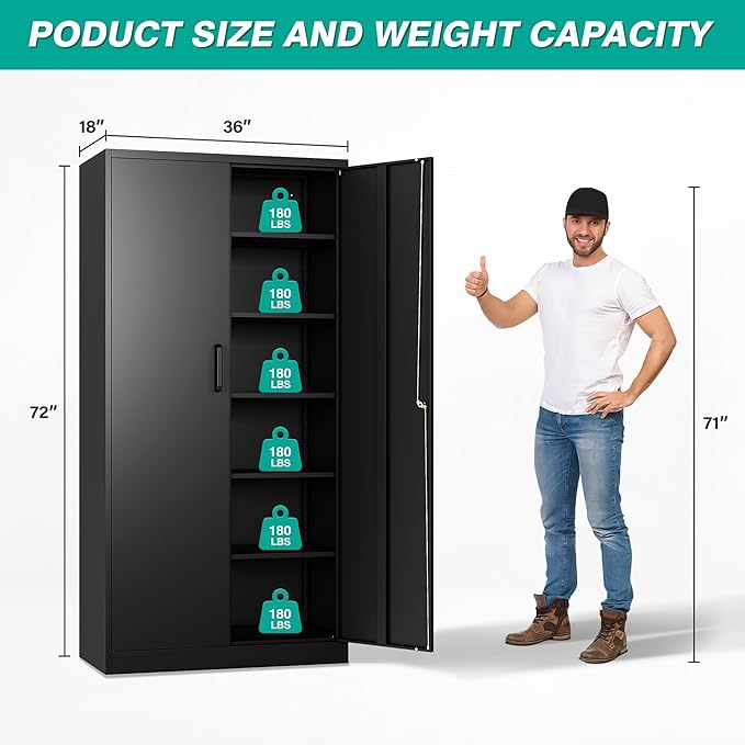 Wide & Deep Metal Storage Cabinet with 2 Doors and 5 Adjustable Shelves,72x36x18 Garage Storage Cabinet,Tall Black Locking Metal Cabinets with Lock,Steel Locked Cabinets for Home,Office,Garage