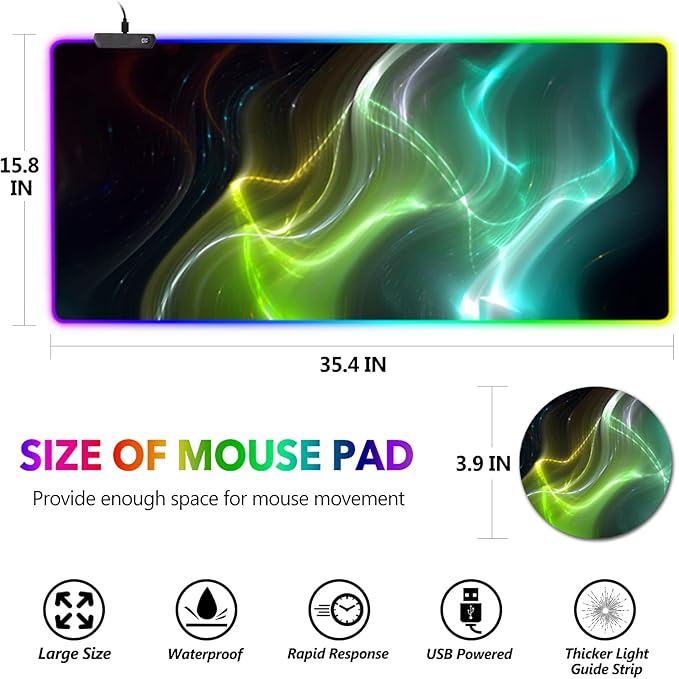 AIMSA Large Gaming Mouse Pad RGB, Keyboard Led Mousepad Extended 35.4 x 15.8 inch Non-Slip Rubber Base with 14 Lighting Modes, Big Desk Mat Waterproof, Cool Aurora